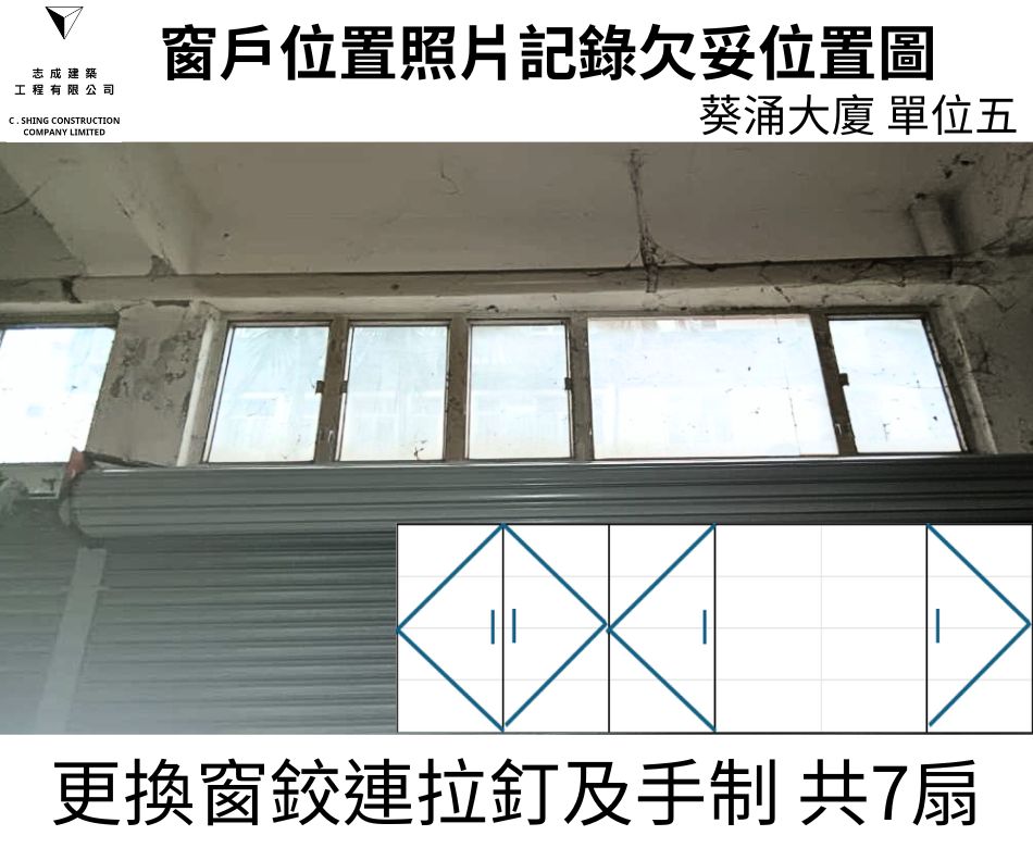窗框侵蝕及變形及鬆動更換整套窗框連同窗鉸拉釘及手制之鋁窗檢驗維修工程-大廈全層大批量驗窗換新窗-葵涌大廈驗窗記錄 (5)