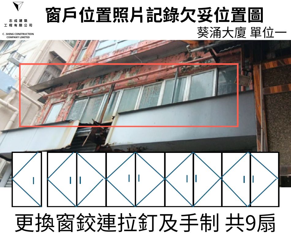 窗框侵蝕及變形及鬆動更換整套窗框連同窗鉸拉釘及手制之鋁窗檢驗維修工程-大廈全層大批量驗窗換新窗-葵涌大廈驗窗記錄