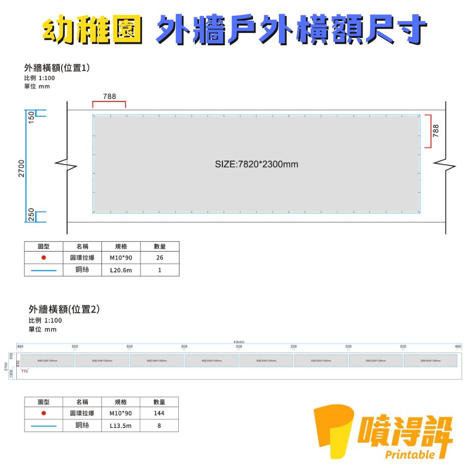 幼稚園外牆戶外橫額尺寸包括鋼絲及圓環位置