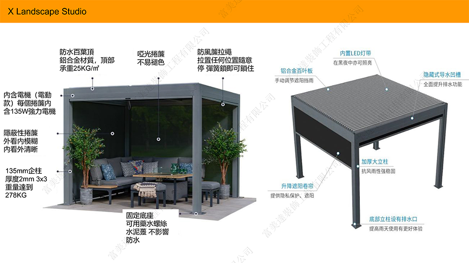 安裝鋁合金電動花園涼亭遮陽工程-防哂涼亭工程-防水涼亭工程-通風涼亭工程-調光涼亭工程-雨蓬雨棚工程-泊車電動戶外棚工程２