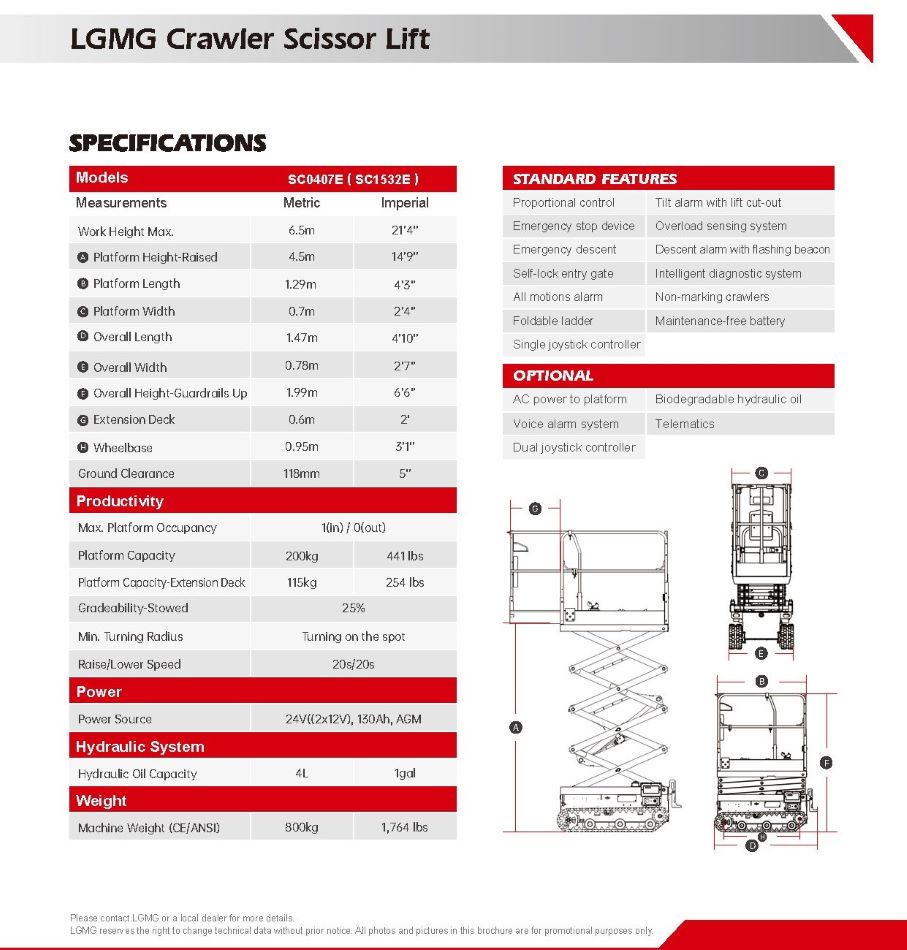 租賃及買賣LGMG電動叉式小型升降台-Electric-Scissor-Lift-狹小空間用迷你升降台-商場室內升降車-履帶剪式高空作業台-LGMG SC0407E spec sheet-en-ce(升高至6.5米,有延伸工作台)_頁面_2