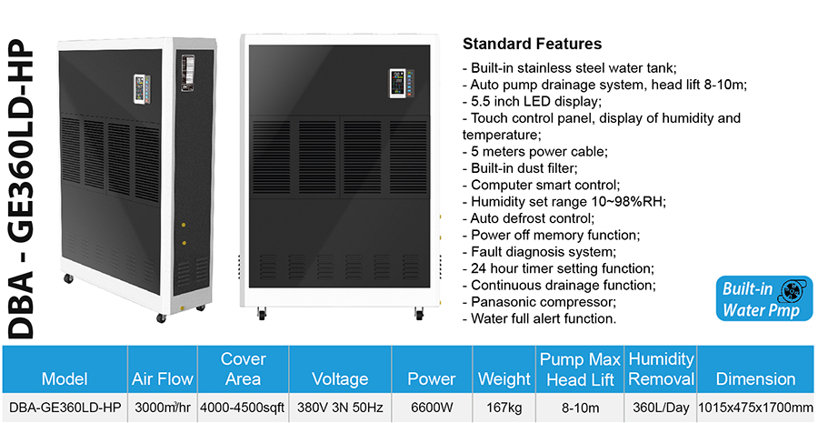 租／售DBA超強抽濕量工業級除濕機DBA-GE360LD-HP-Spec