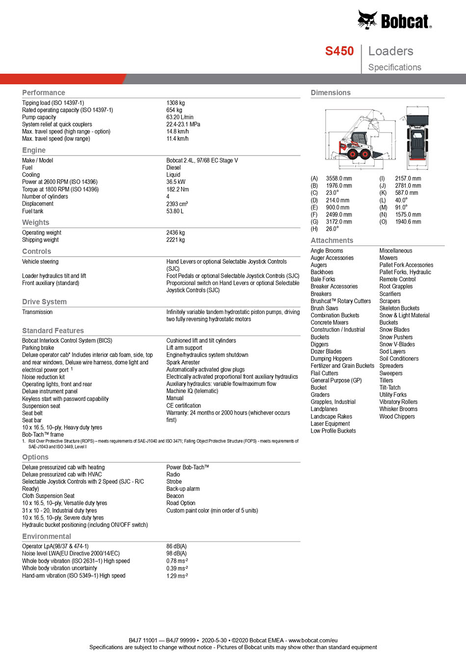 貓仔S450裝載機 (Bobcat S450 Skid Steer Loader) 規格介紹