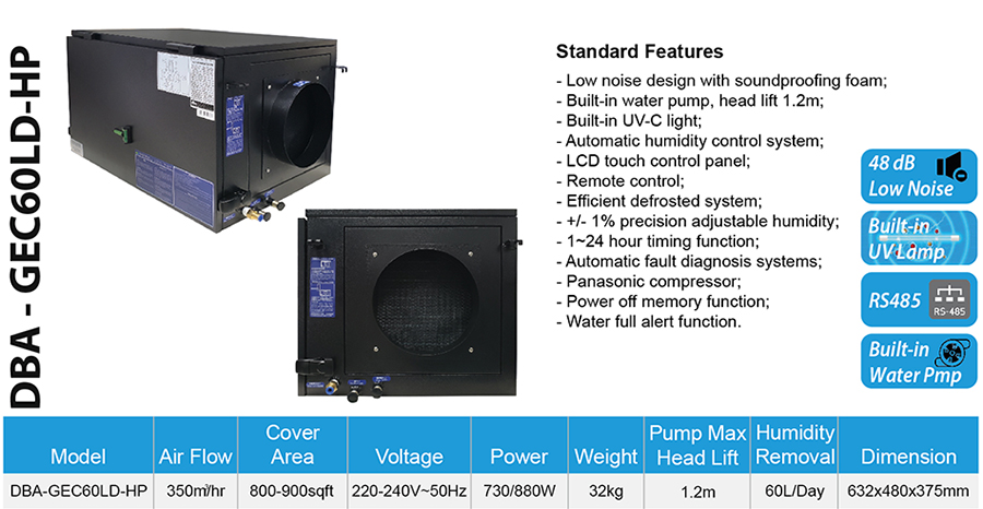 DBA中型天花抽濕機供應及安裝工程DBA-GEC60LD-HP-Spec